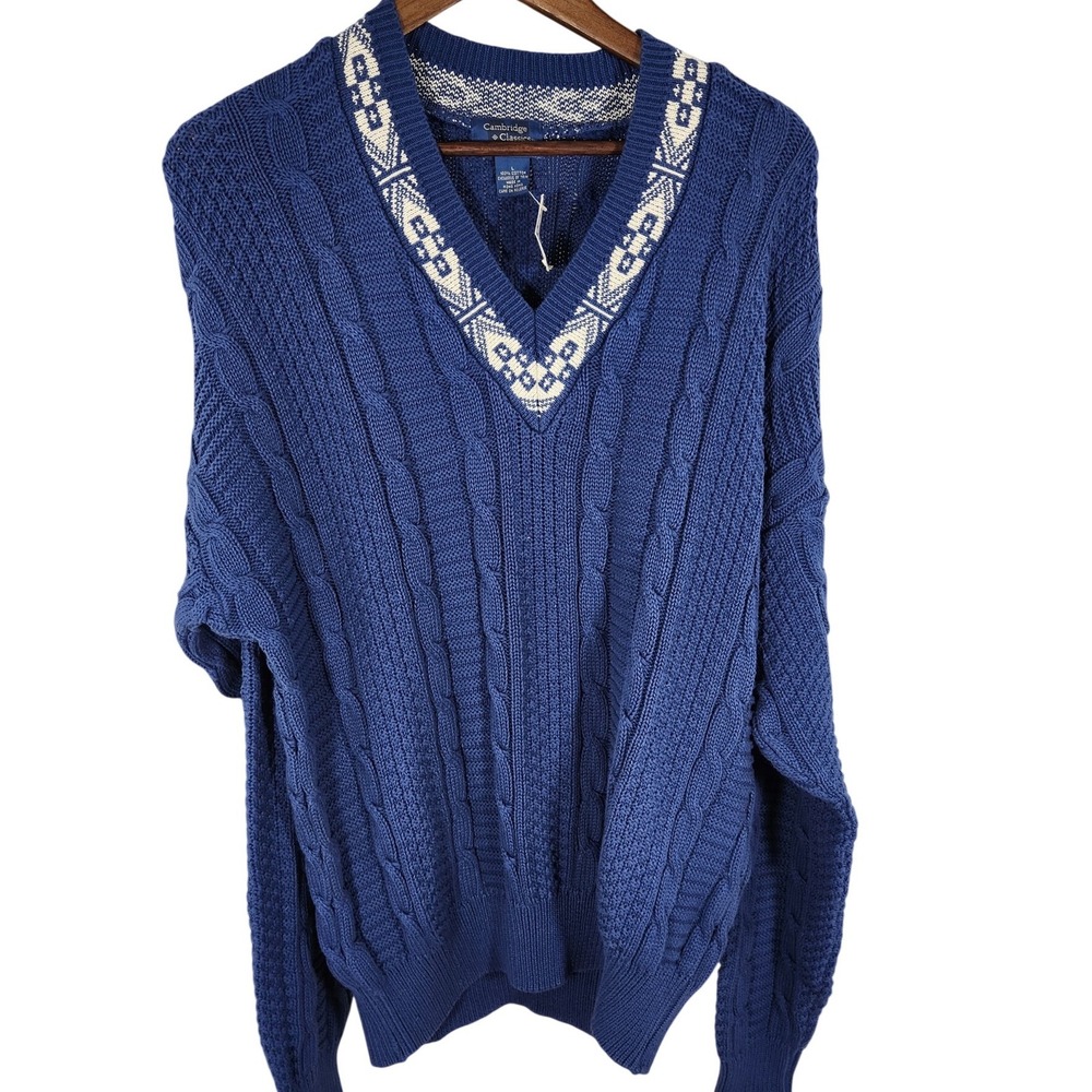VTG NWT Mens Cambridge Classics 100% Cotton‎ Blue V-Neck Sweater Size L